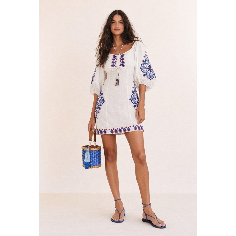 FARM Rio White Linen Embroidered Mini Dress Sz L Boho Folk Festival Cottagecore